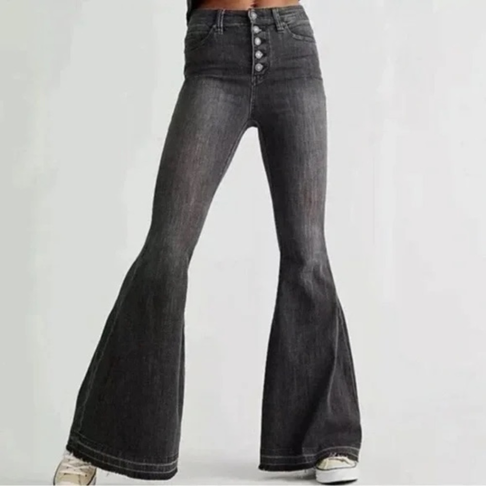 Free People Black Wide Leg Button Fly Pants sz 30